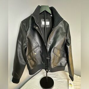Calvin Klein Black Faux Leather Jacket Size M NWT Cropped Moto Bomber
